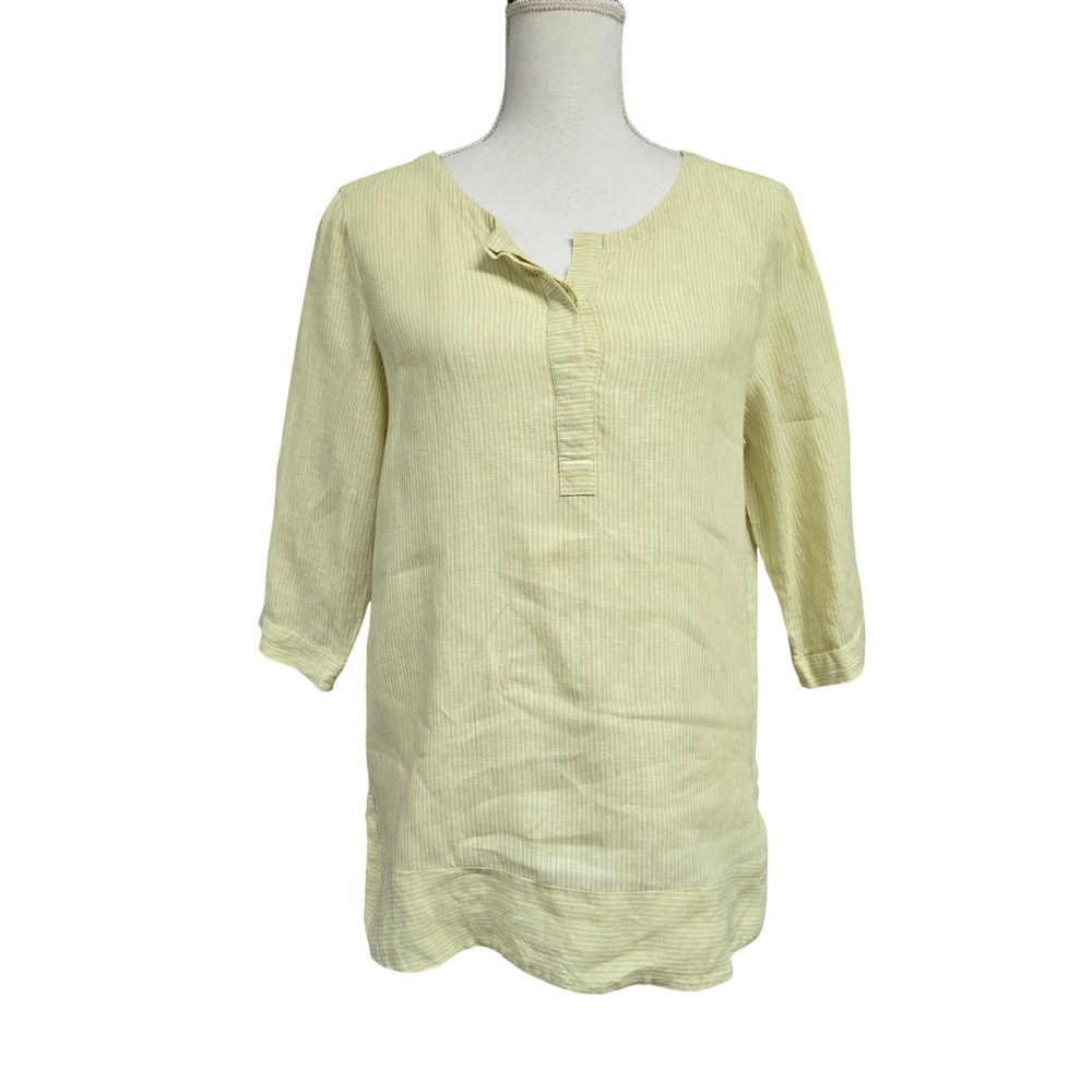 J. Jill Love Linen Tunic Top 100% Linen Lime Green White Pinstripe Women's Sz S